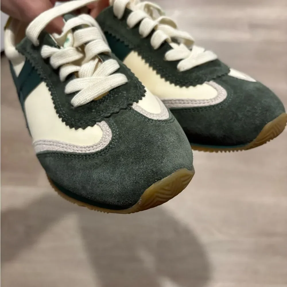 Tory Burch Green and Cream Retro Sneakers with Suede and Mesh